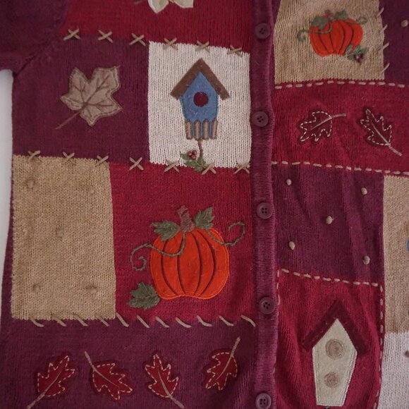 Croft & Barrow Burgundy Patchwork Pumpkin Birdhouse Cardigan Holiday Harvest S - Picture 6 of 9